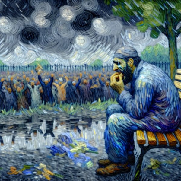 Emotionele pijn in een regenachtig park Een man op een bank in een regenachtig park, met een verdrietige uitstraling terwijl blije mensen op de achtergrond vieren.
