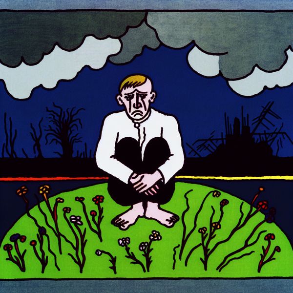 Verdrietige persoon in een sombere omgeving Een minimalistische illustratie van een verdrietige persoon die op een stukje gras zit, omringd door verwelkte bloemen, met donkere wolken op de achtergrond en een oorlogshouding.