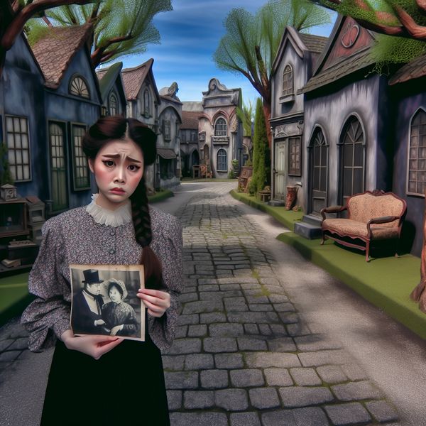 Verdrietige jongedame in een nostalgisch dorp Jonge vrouw staat alleen op een straat van kinderkopjes, met een verdrietige uitdrukking terwijl ze een vervaagde foto van een glimlachende man vasthoudt.