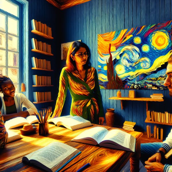 Verduidelijking tijdens een discussie in een gezellige bibliotheek Een persoon legt een idee uit aan een groep luisteraars in een sfeervolle kamer vol boeken, met een notitieboek geopend op een houten tafel.