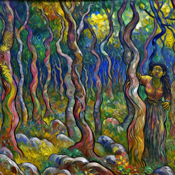 Verloren in het bos - Een Van Gogh-stijl schilderij Een persoon die verdwaald is in een weelderig, Van Gogh-achtig bos met kromme bomen en kleurrijke bladeren.