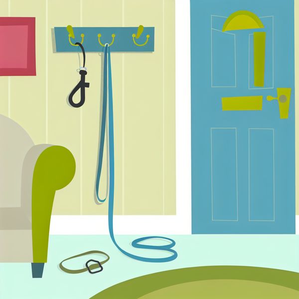 Minimalistische woonkamer in stijl van Dick Bruna met een hondenriem aan de muur en een open deur, wat de afwezigheid van een hond suggereert