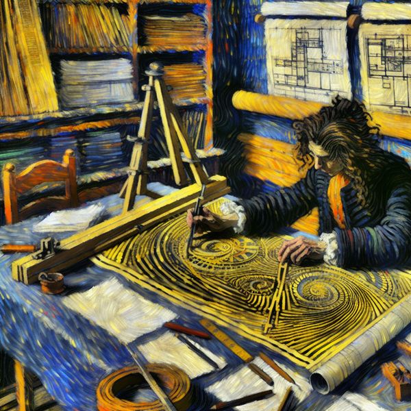 Van Gogh-geïnspireerde werkruimte voor nauwkeurig projectwerk en taalvereisten Gedetailleerde werkruimte met blauwdruk en precisiegereedschap in Van Gogh-stijl, illustratie van het vereiste van nauwkeurigheid en toewijding bij taal- en projectwerk