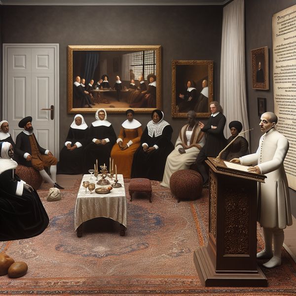 Verfijnde bijeenkomst in de stijl van Gerard ter Borch Elegante spreker aan een houten podium met een aandachtig publiek in een smaakvolle salon.