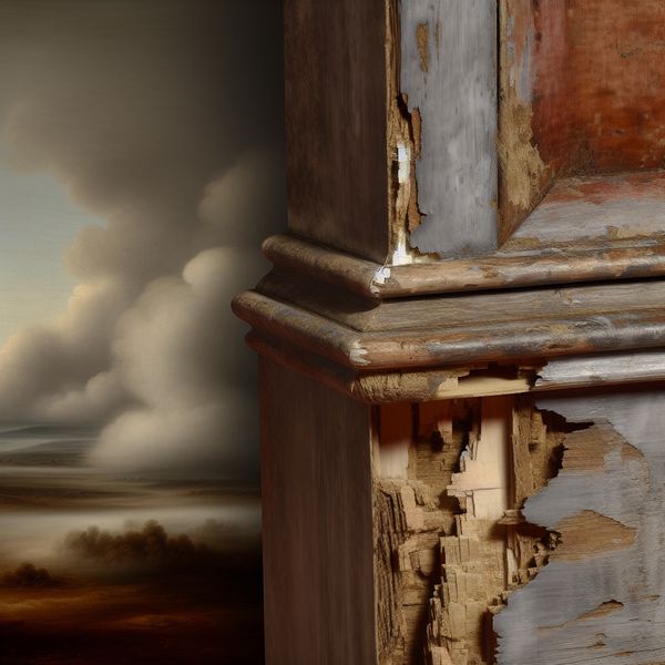Close-up van een oude houten kast met afbladderende verflaag, detail van textuur en veroudering in 17e-eeuwse stijl