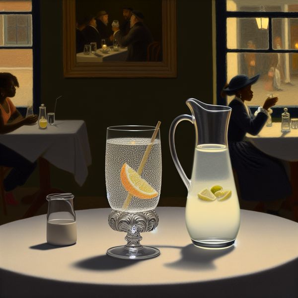 Verfrissend drankje in café met citrus Een elegant glazen drankje met condensatie en een waterpitcher met schijfjes citrusfruit, met een café achtergrond.