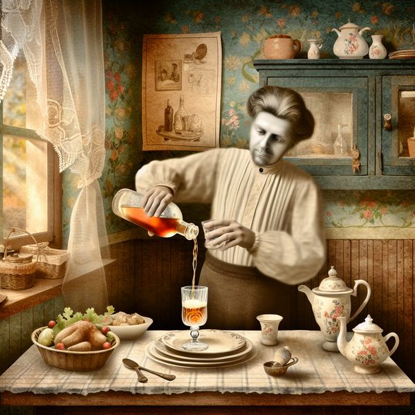 Verfrissend drankje in vintage keuken - Anton Pieck stijl Een persoon giet een verfrissend drankje uit een mooi ontworpen fles in een delicate glazen beker in een gezellige vintage keuken.
