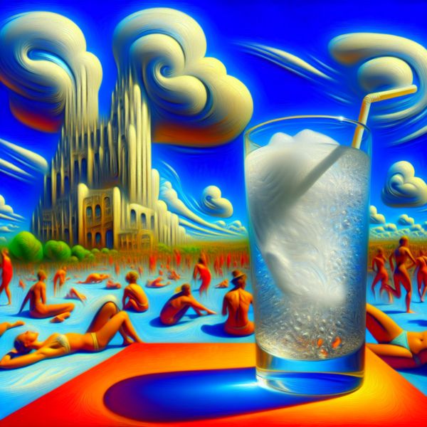 Verfrissend drankje op een zomerse dag Een hyper-realistisch tafereel van een verfrissend drankje op een zonovergoten tafel met condens op de glazen oppervlakte, tegen een surrealistisch landschap met hoge gebouwen en dynamische wolken.