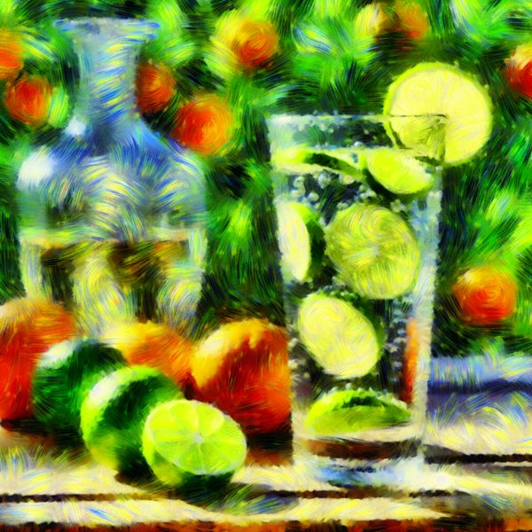 Verfrissend glas water met limoen en kleurrijke vruchten Een levendige stilleven met een hoog glas water met limoenpartjes, op een rustieke houten tafel, omringd door kleurrijke vruchten.