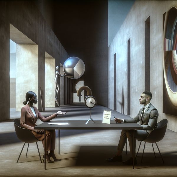 Twee professionals bespreken een nieuw project tijdens een vergadering in een minimalistisch kantoor met surrealistische elementen