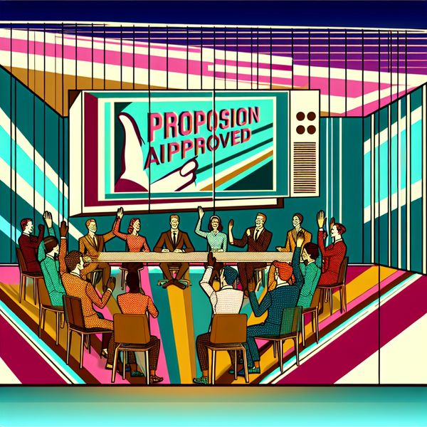 Vergadering tot goedkeuring: Retro-futuristisch teamoverleg Een diverse groep mensen in een moderne, retro-futuristische vergaderruimte, die hun handen juichend omhoog steken ter goedkeuring van een voorstel.
