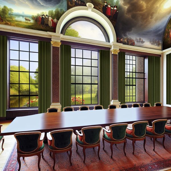 Elegant vergaderkamer met lange houten tafel, stoelen en schilderachtige ramen die natuurlijk licht binnenlaten.