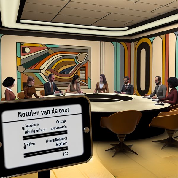 Vergaderruimte voor notulen registratie Een moderne vergaderruimte met diverse professionals rond een grote ronde tafel, met een tablet dat 'Notulen van de Over' toont, en abstracte geometrische patronen op de achtergrond.