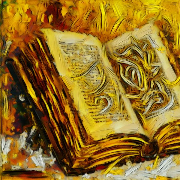 Abstract expressionistisch schilderij van een oud boek met vergeelde pagina's door verkleuring, dynamische penseelstreken benadrukken veroudering