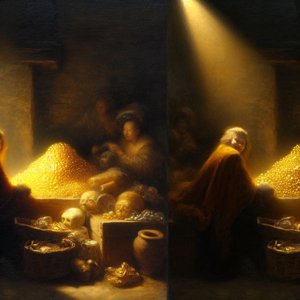 Vergelijken van hoeveelheden: verschil in waarde en kwantiteit in Rembrandt-schilderij Dramatische vergelijking van twee stapels gouden munten met verschil in hoeveelheid, geschilderd in Rembrandt-stijl
