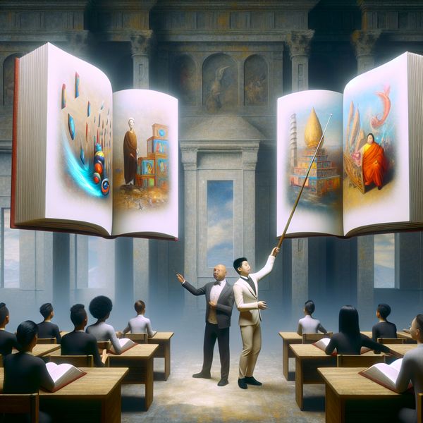 Surrealistische klaslokaal-scène met zwevende boeken die culturele symbolen vergelijken, in de stijl van Carel Willink