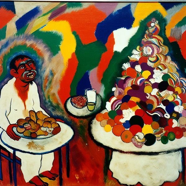 Vergelijking van porties eten in abstracte kunst - evenveel als iemand anders Abstract schilderij in de stijl van Karel Appel met twee figuren aan een tafel vol eten, waarbij de ene een bescheiden portie heeft en de andere een overvolle berg, ter illustratie van een vergelijking in hoeveelheid