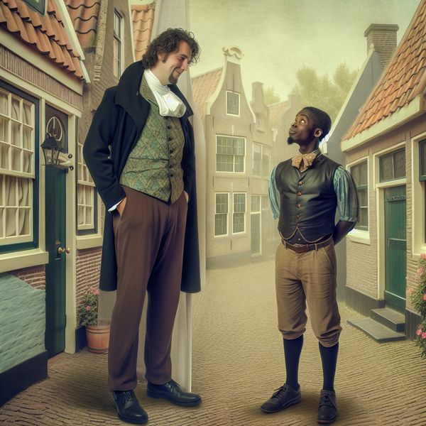 Vergelijking in het Nederlands: 'Hij is langer dan ik' Een nostalgisch tafereel met een lange man naast een kortere man, die de vergelijking 'Hij is langer dan ik' benadrukt, in een charmante dorpstraat.