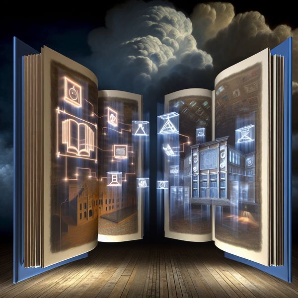Vergelijking Nederlands en Belgisch onderwijs in surrealistische stijl van Carel Willink Hyperrealistisch surrealistisch klaslokaal met zwevende boeken over Nederlands en Belgisch onderwijs, waarin verschillen en overeenkomsten tussen de systemen worden vergeleken