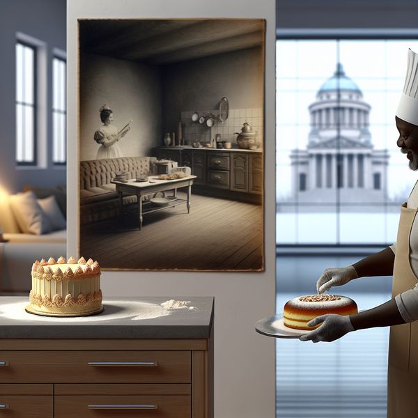 Vergelijking tussen oude en moderne cake in surrealistische keukenscène Hyperrealistisch surrealistisch tafereel van een persoon die een moderne cake bakt naast een nostalgische foto van een zelfgemaakte taart in een gezellige keuken met monumentale architectuur op de achtergrond