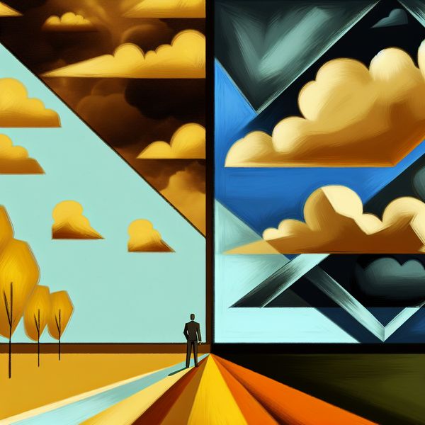 Retro-futuristische illustratie van een persoon onder een gespleten hemel die de schijn van een vergelijking toont: links een warme, gouden lucht met zachte wolken en rechts een donkere, stormachtige lucht met geometrische wolken
