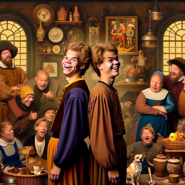 Vergelijking tussen twee zussen in Hollandse genrekunst met Jan Steen-stijl Twee zussen met opvallende gelijkenis in gezicht en gebaren in een levendig Hollands interieur, geïnspireerd op Jan Steen