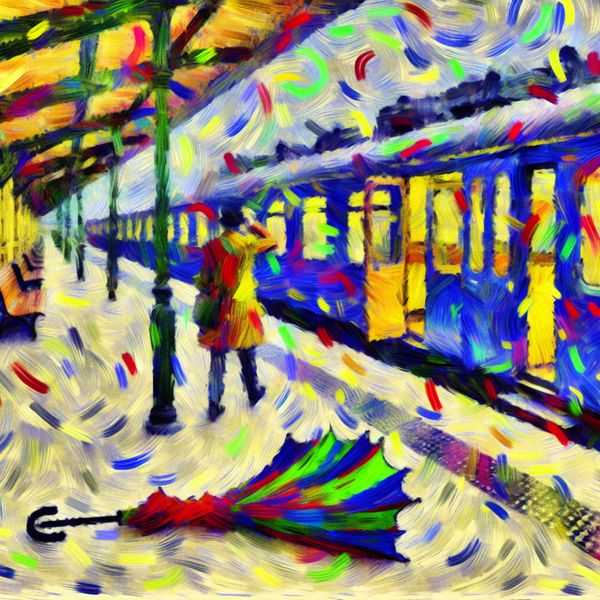 Vergeten paraplu bij vertrek - expressieve taalkunst voor Nederlands leren Abstracte voorstelling van een chaotisch treinstation met een vergeten paraplu op het perron, geschilderd in expressieve stijl met felle kleuren