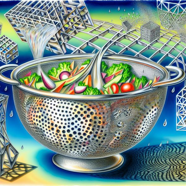 Een vernuftig ontworpen vergiet van roestvrij staal in een surrealistische keuken, die waterdruppels laat vallen en gevuld is met een geometrisch patroon van een kleurrijke salade.