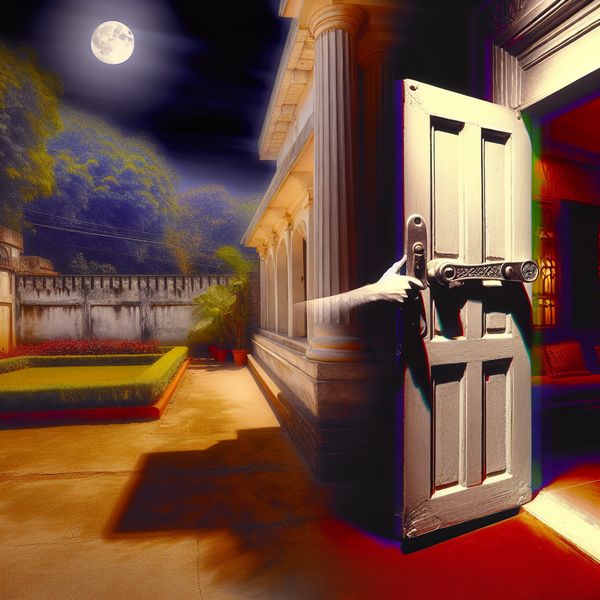 Hyper-realistisch beeld van een vergrendelde achterdeur in een nachtelijke omgeving Hyper-realistisch nachtlandschap met een huis en een achterdeur die stevig is vergrendeld met een metalen grendel, omgeven door een maanverlicht tuin.