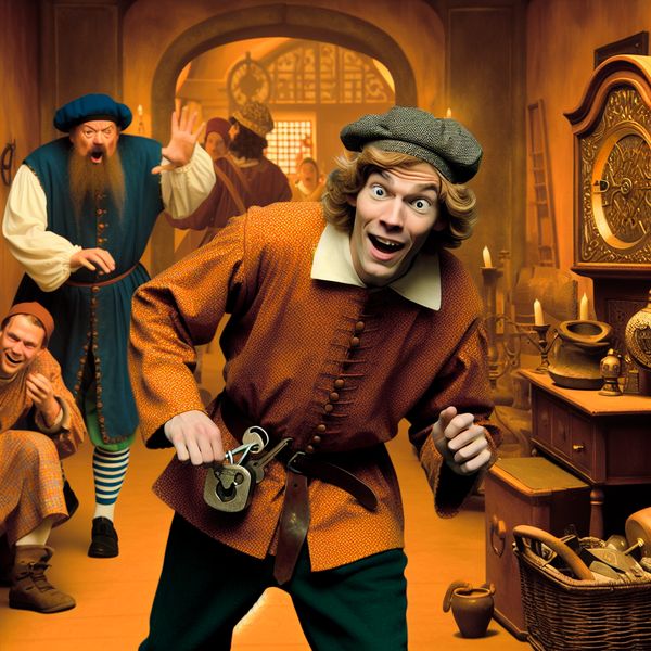 Een Nederlandse man in historische kleding, nerveus zoekend naar sleutels om een groot slot op een deur te openen in een chaotische gang.
