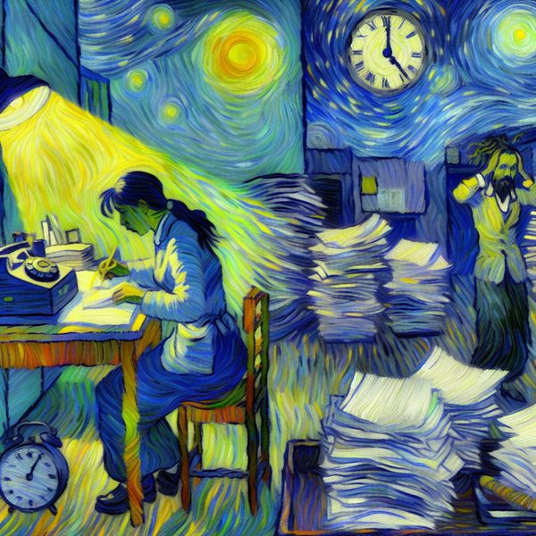 Vrouw werkt laat in een expressief Van Gogh-stijl kantoor met zwierige penseelstreken, illustratie van 'vergroting' in werkuren