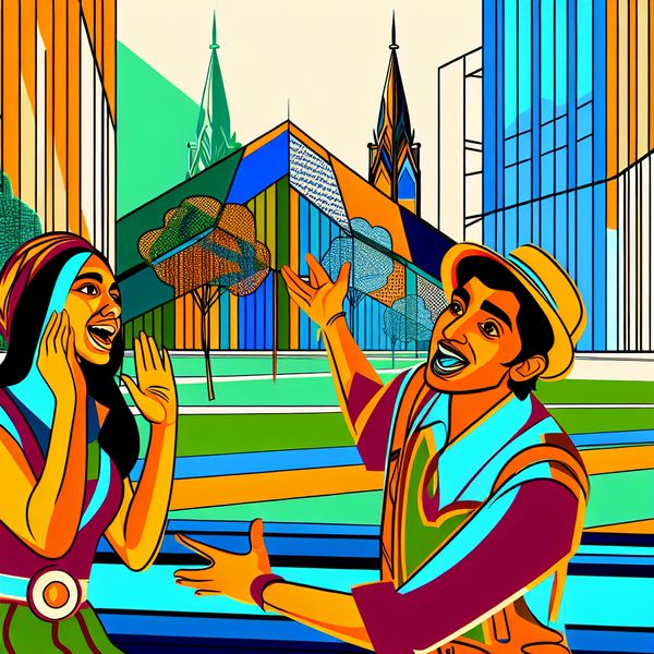 Gelijktijdig verhaal vertellende vrienden in retro-futuristische omgeving Twee vrienden vertellen gelijktijdig een verhaal in een levendig park met geometrische vormen op de achtergrond.