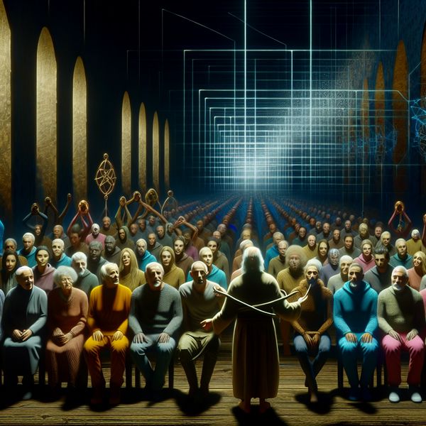 Verhaal Van Wijsheid in Monumentale Hal - Carel Willink Stijl Hyperrealistisch tafereel van wijze oudere die verhaal vertelt in oude hal