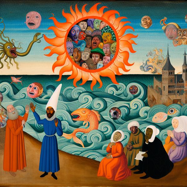 Verhalenverteller en audience in surrealistische scène Een verhalenverteller vertelt enthousiast een vakantieverhaal aan een gebiologeerde menigte, omringd door bizarre, fantasierijke wezens.
