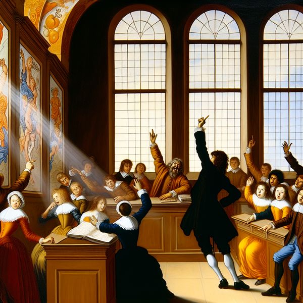 Verhogen van participatie in de klas Enthousiaste leraar in een klassiek klaslokaal omringd door diverse leerlingen die enthousiast hun handen opsteken.