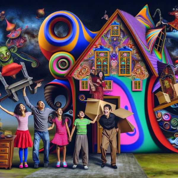 Vrolijk verhuizen naar een fantasierijke woning Een surrealistische afbeelding van een familie die vrolijk verhuist naar een nieuwe, fantasierijke woning met spiraalvormige torens en kleurrijke patronen, omringd door bizarre wezens die hen helpen meubels te dragen.