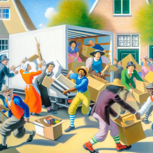 Een levendige scène van een diverse groep mensen die helpt bij een verhuizing, met kleurrijke dozen en meubels.
