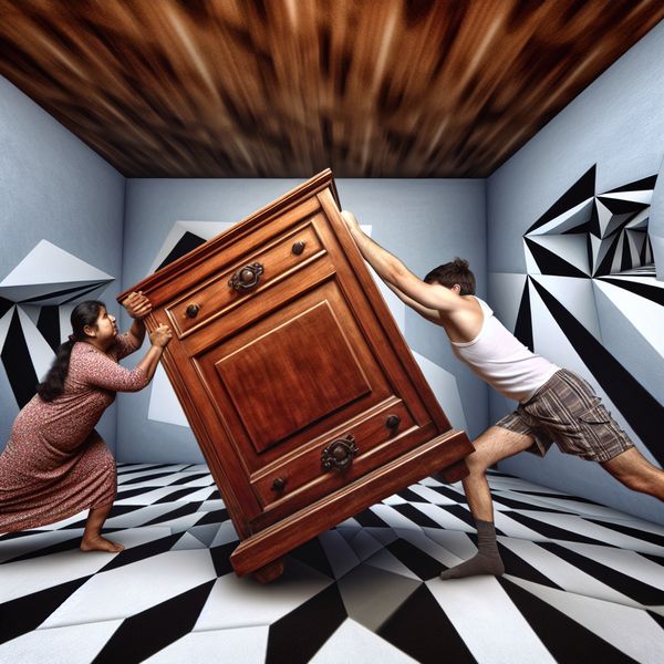 Twee mensen duwen met kracht een zware houten kast tegen een muur in een surrealistische Escher-stijl met optische illusies en geometrische patronen