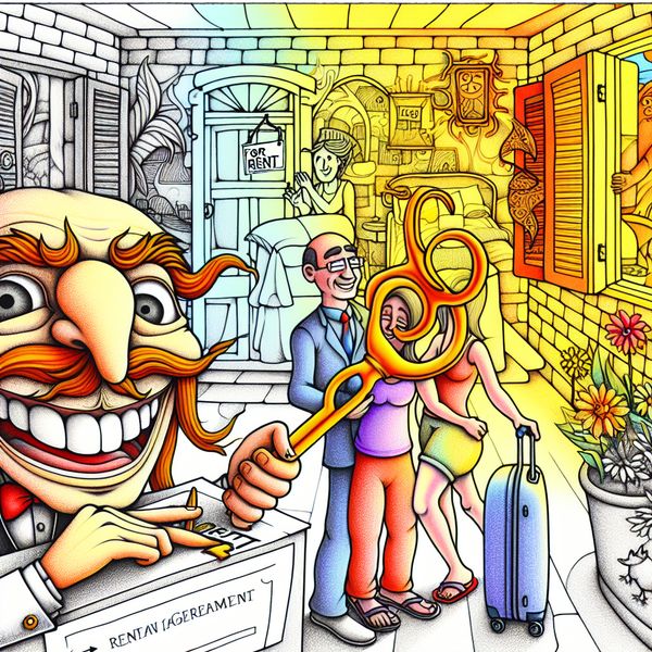 Verhuren van woning: huisbaas geeft sleutel aan huurders Vrolijke huisbaas overhandigt grote sleutel aan glimlachend toeristenpaar in gezellige huurwoning met 'Te Huur' bord in zonnige zomerse setting
