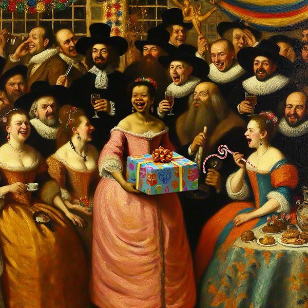 Feestelijke Verjaardagsscene met Cadeau en Vrienden Groep goed geklede mensen viert een verjaardag met een vrouw die een mooi ingepakt cadeau vasthoudt.