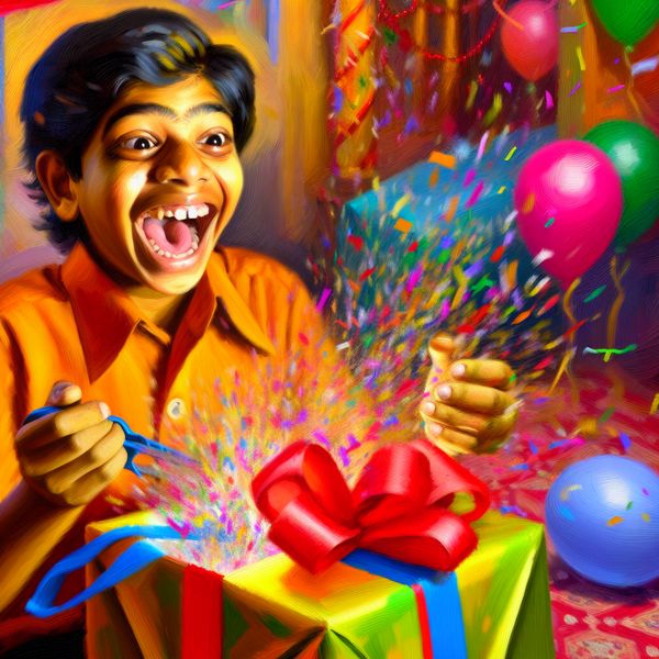 Een jonge jongen opent enthousiast een kleurrijk verjaardagscadeau, omringd door kleurrijke confetti en feestdecoraties.