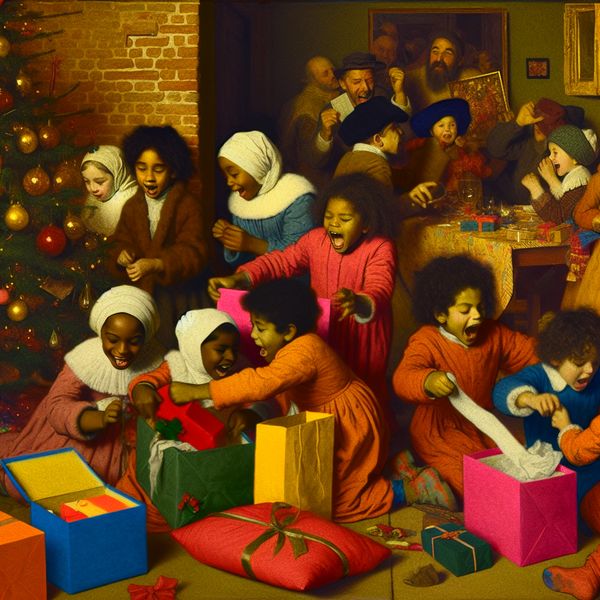 Chaotische maar warme familieviering met kinderen die vrolijk verjaardagscadeaus uitpakken onder een kerstboom in de stijl van Jan Steen
