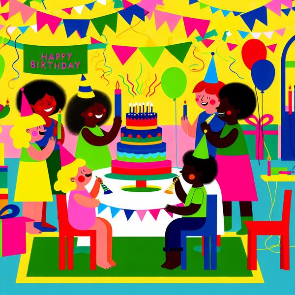 Vrolijke Verjaardagsviering met Kinderen in de Stijl van Dick Bruna Een kleurrijke verjaardag viering met diverse kinderen die samen feestvieren.