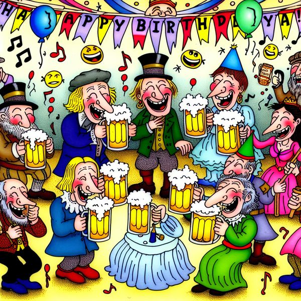 Vrolijk verjaardagsfeest met vrienden en biertjes Een vrolijke cartoonafbeelding van vrienden die met biertjes proosten op een verjaardagsfeestje, omgeven door kleurrijke decoraties en een 'Gelukkige Verjaardag!' banner.