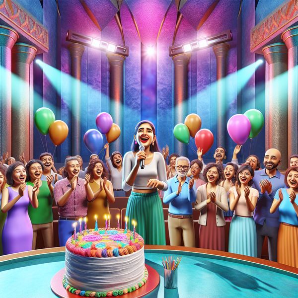 Verjaardagsfeest met zang en kleurrijke ballonnen Een jonge vrouw zingt op een prachtig versierd podium tijdens een verjaardagsfeest.