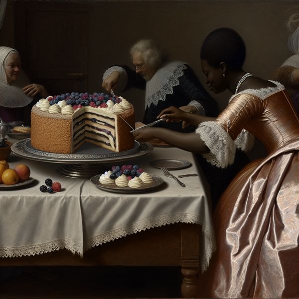 Verjaardagstaart aansnijden in traditioneel Nederlands interieur - taart met bessen en slagroom 17e-eeuwse Nederlandse familie snijdt een verjaardagstaart aan met verse bessen en slagroom in een elegante woonkamer