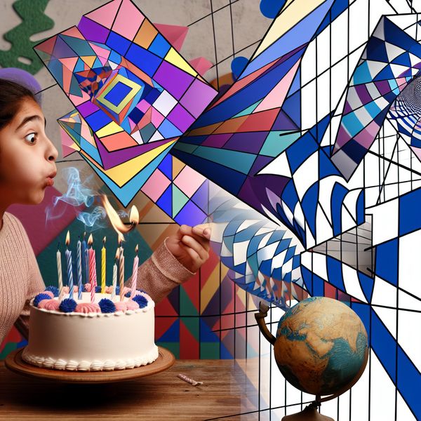 Surrealistische verjaardagsscene met geometrische vormen en verlangen Een jonge meid blaast de kaarsen uit op een verjaardagstaart te midden van geometrische vormen en patronen, met een globe die avontuur symboliseert.