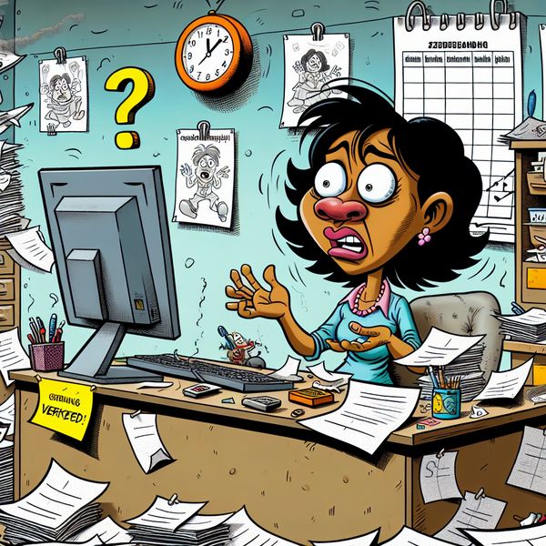Verkeerde Planning in een Kantooromgeving Cartoon scene of a distressed office worker surrounded by a messy desk and confusing elements, reflecting disorganization and error in planning.