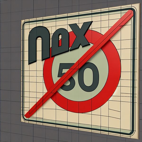 Verkeersbord max snelheid 50 afkorting maximum retro design Retro-futuristisch verkeersbord met 'MAX 50' en rode cirkel met diagonale streep, stijl van Jan van der Veken