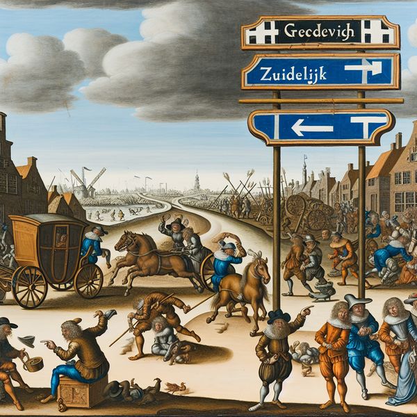 Verkeersbord Z voor zuidelijke richting in historische Nederlandse straatscène 17e-eeuws Nederlands straattafereel met verkeersbord 'Z' voor zuidelijke richting, paardenkoets, fietsers en voetgangers in levendige setting